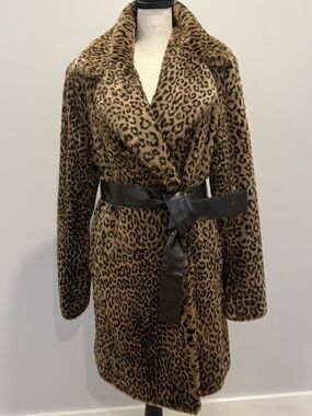 Calvin Klein Cheetah Print Faux Fur Jacket with Belt, size XS